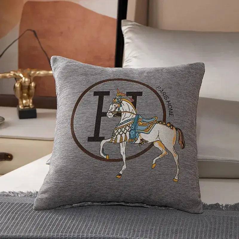 Embroidered horse cotton throw pillow cover living room decor