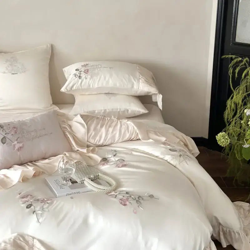 Embroidered lace princess bedding set cream floral bedroom decor