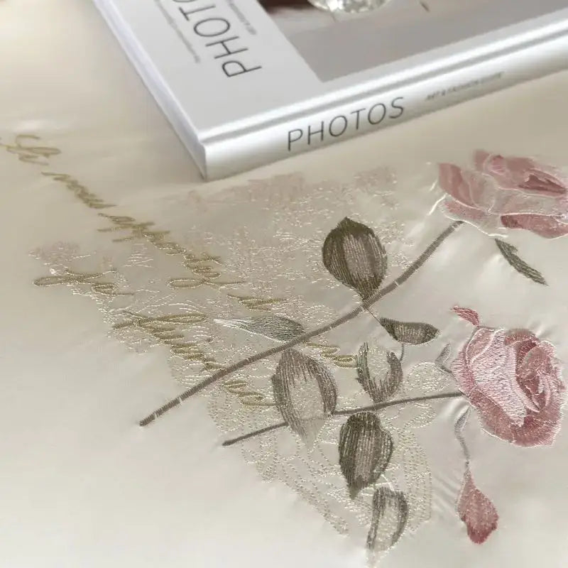 Embroidered lace princess bedding set cream floral bedroom decor