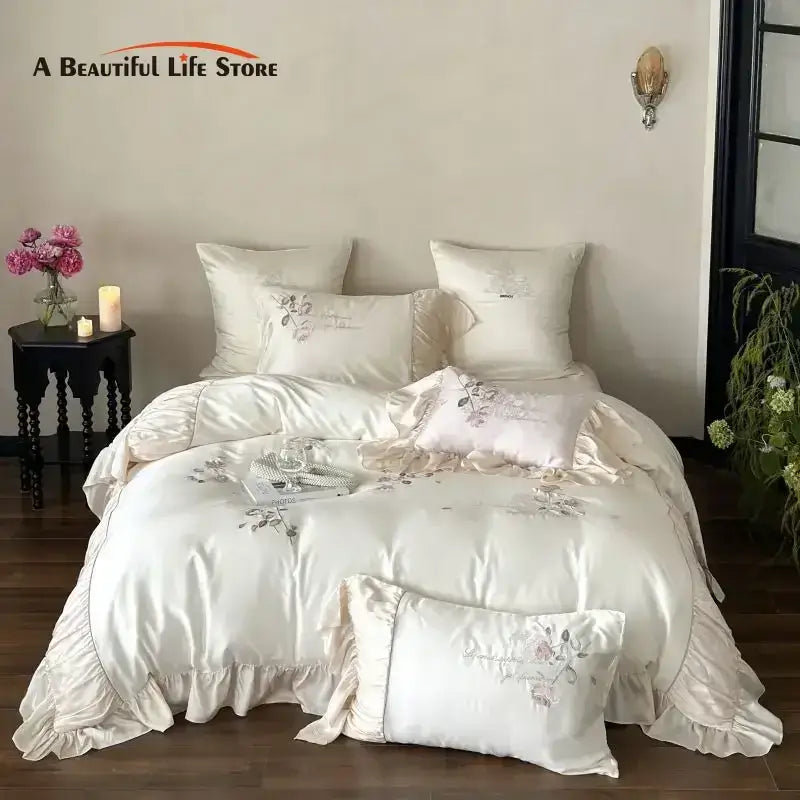 Embroidered lace princess bedding set cream floral bedroom decor
