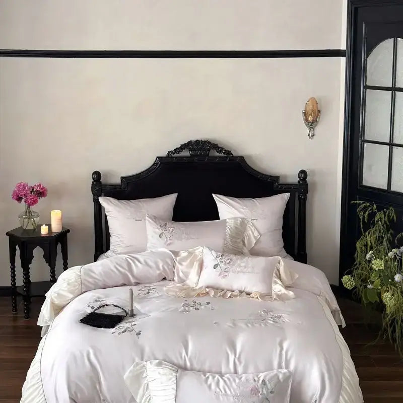 Embroidered lace princess bedding set cream floral bedroom decor