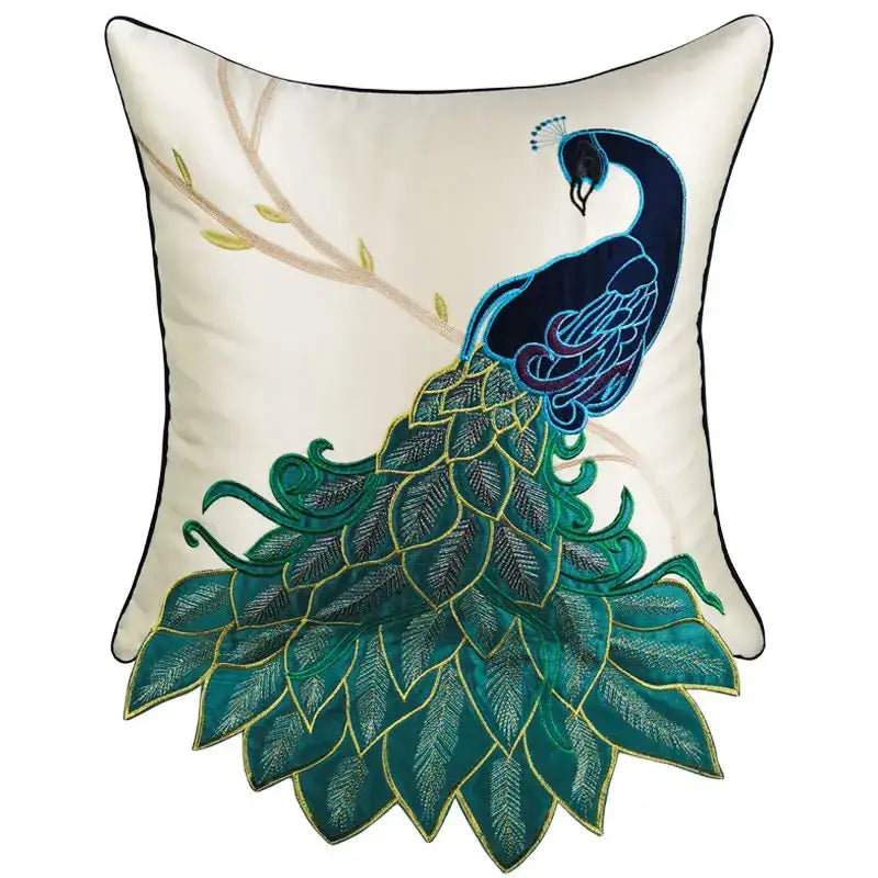 Embroidered peacock design cream satin cushion cover living room