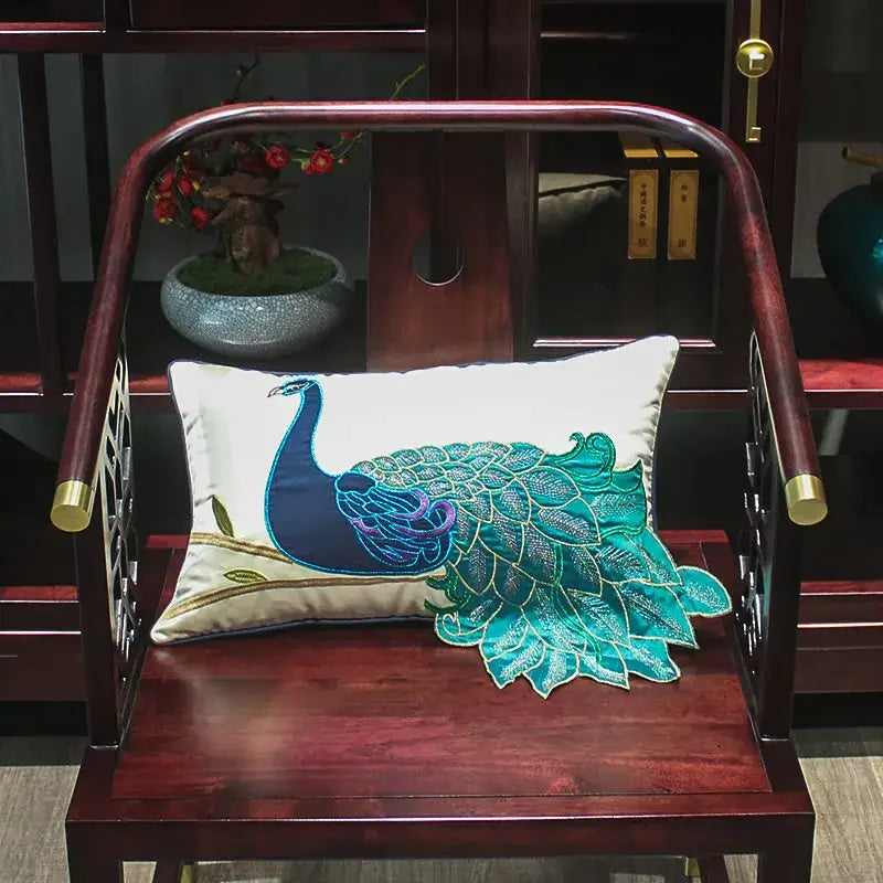 Embroidered peacock design cream satin cushion cover living room