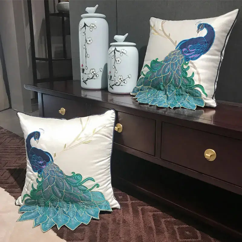 Embroidered peacock design cream satin cushion cover living room