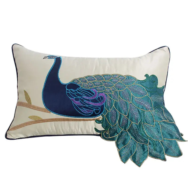 Embroidered peacock design cream satin cushion cover living room
