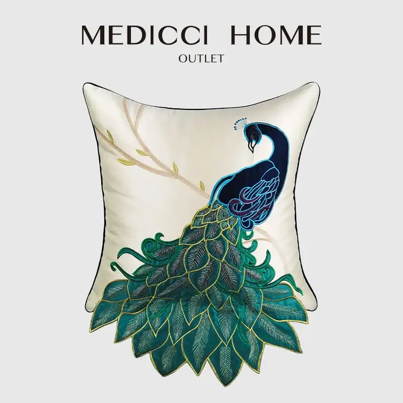 Embroidered peacock design cream satin cushion cover living room