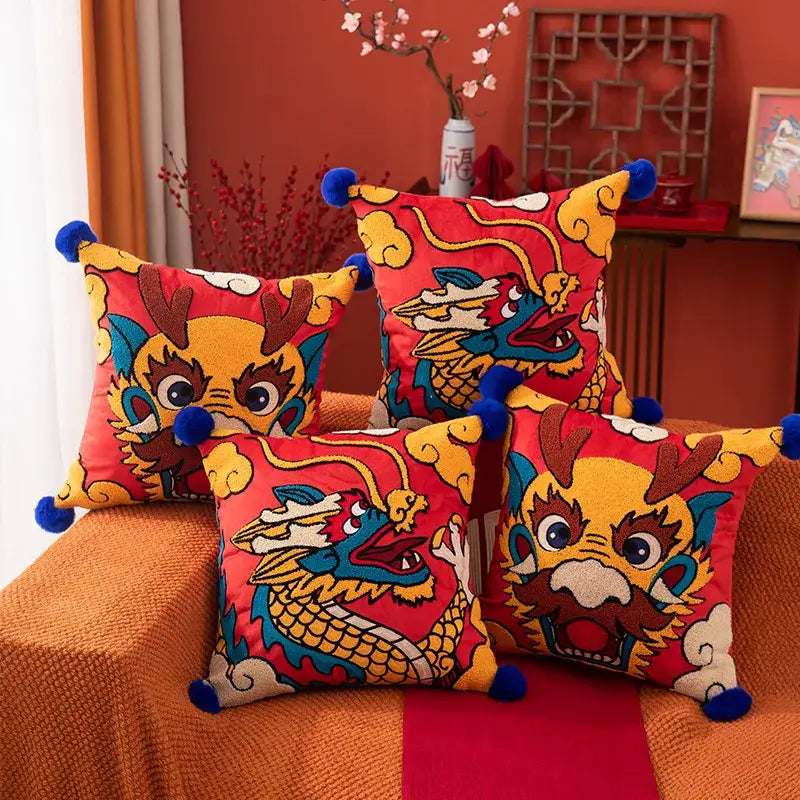 Embroidered red dragon year cushion cover living room pillow case