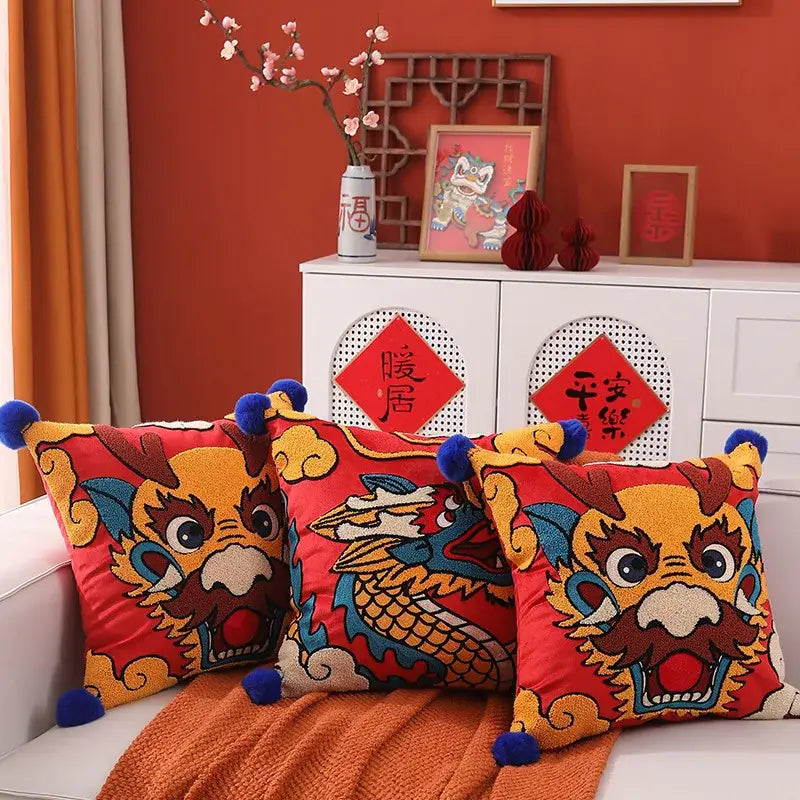 Embroidered red dragon year cushion cover living room pillow case
