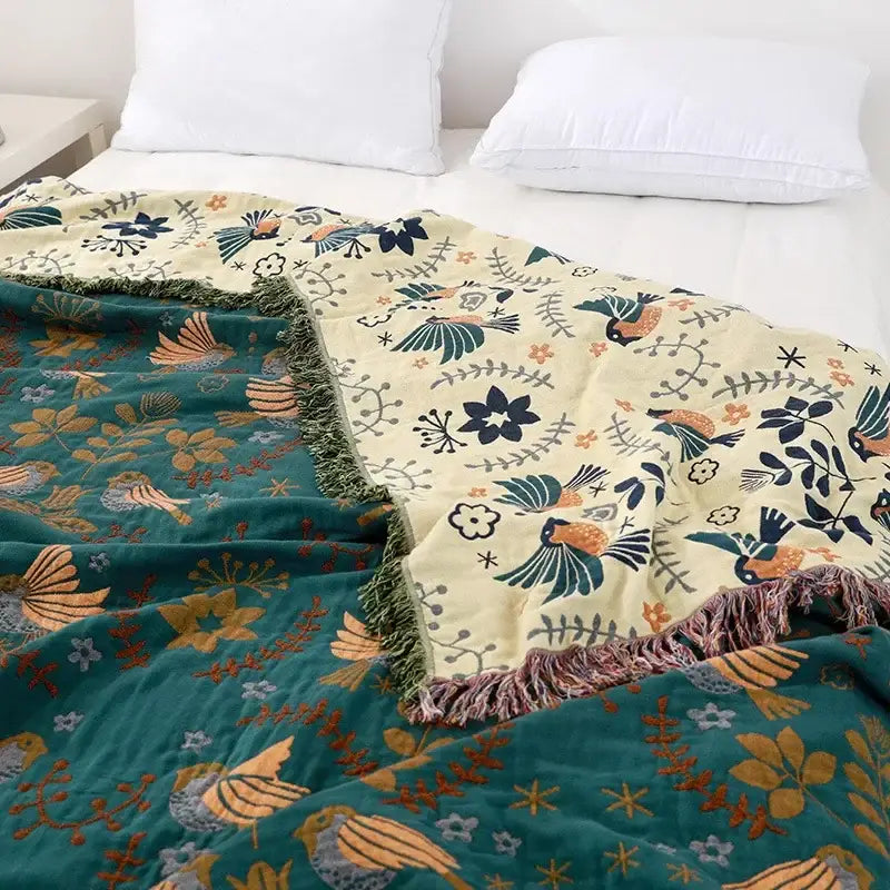 Embroidered teal & cream cotton sofa throw blanket living room quilt