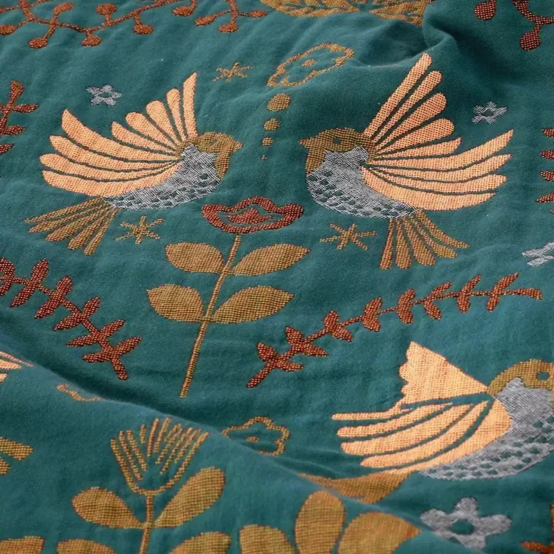 Embroidered teal & cream cotton sofa throw blanket living room quilt