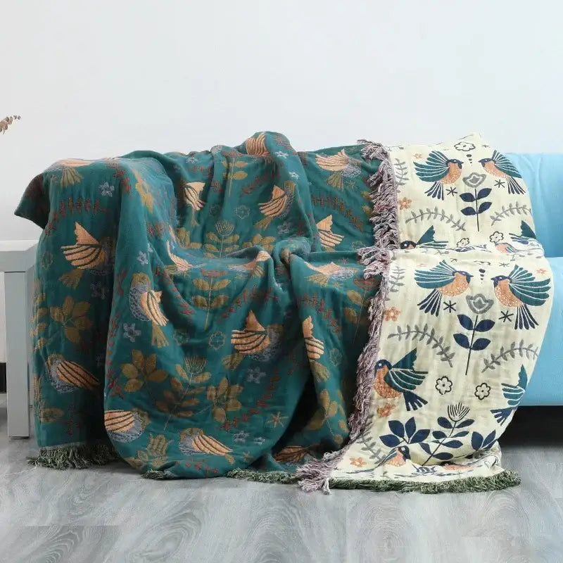 Embroidered teal & cream cotton sofa throw blanket living room quilt