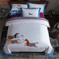 Embroidered white bedding set with galloping horse bedroom decor
