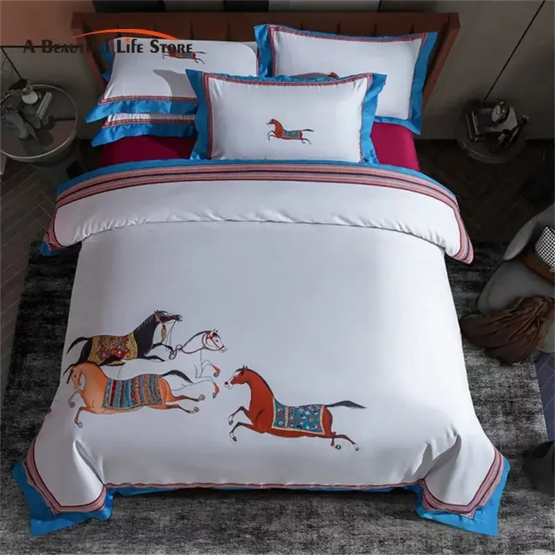 Embroidered white bedding set with galloping horse bedroom decor