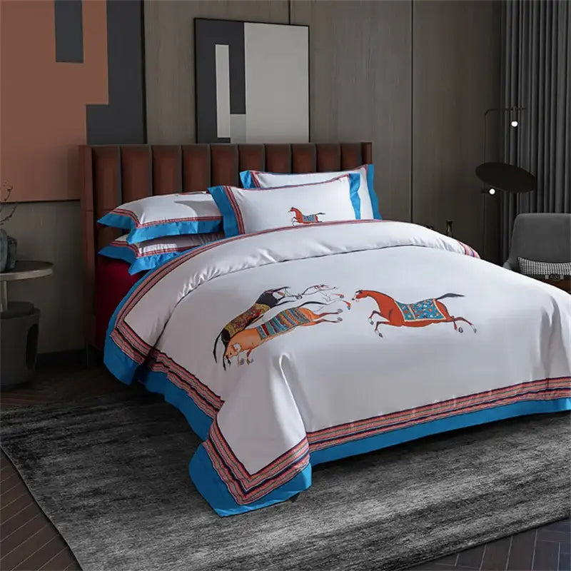 Embroidered white bedding set with galloping horse bedroom decor