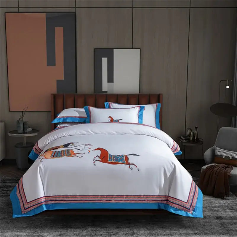 Embroidered white bedding set with galloping horse bedroom decor