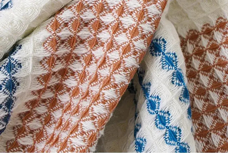 Embroidered white & blue cotton bath towel bathroom honeycomb linen
