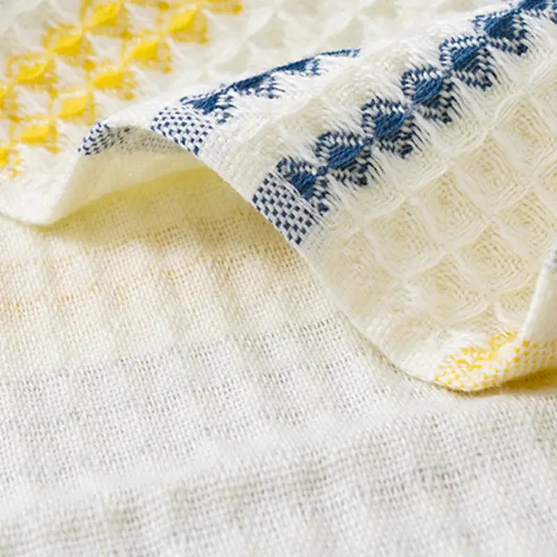 Embroidered white & blue cotton bath towel bathroom honeycomb linen