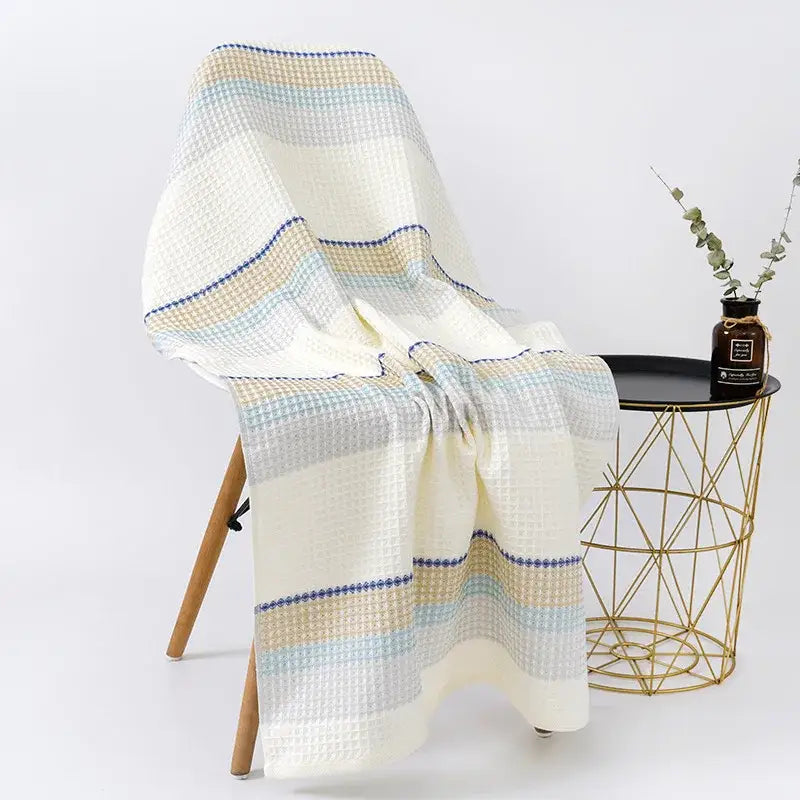 Embroidered white & blue cotton bath towel bathroom honeycomb linen