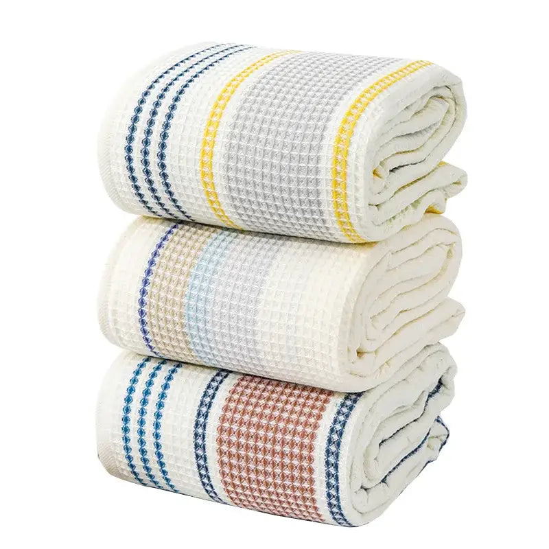 Embroidered white & blue cotton bath towel bathroom honeycomb linen