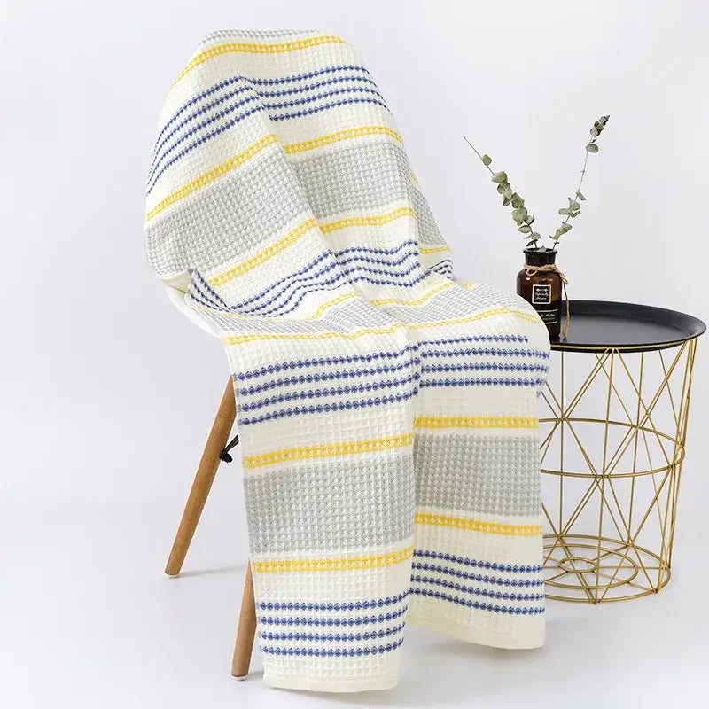 Embroidered white & blue cotton bath towel bathroom honeycomb linen