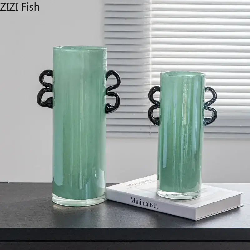 Emerald green glass vase with black handles living room decor