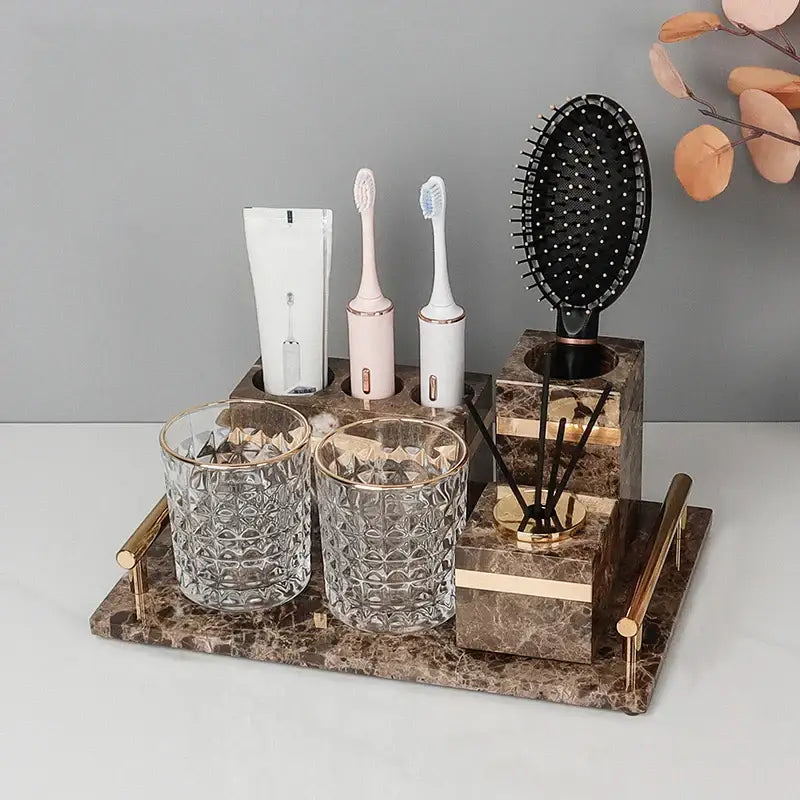 Emperador dark marble bathroom set brown & gold accessories