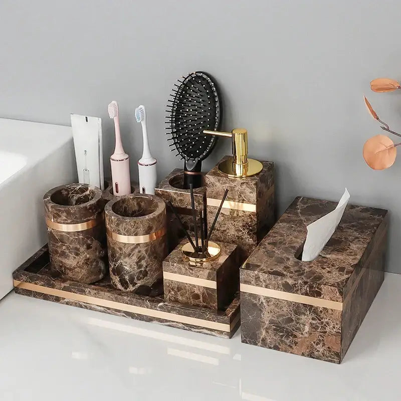 Emperador dark marble bathroom set brown & gold accessories