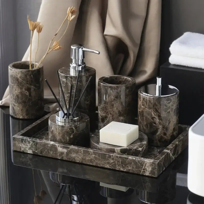 Emperador dark marble bathroom set with chrome accents
