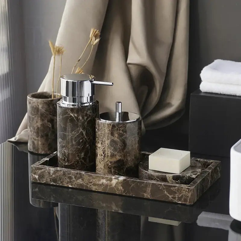 Emperador dark marble bathroom set with chrome accents