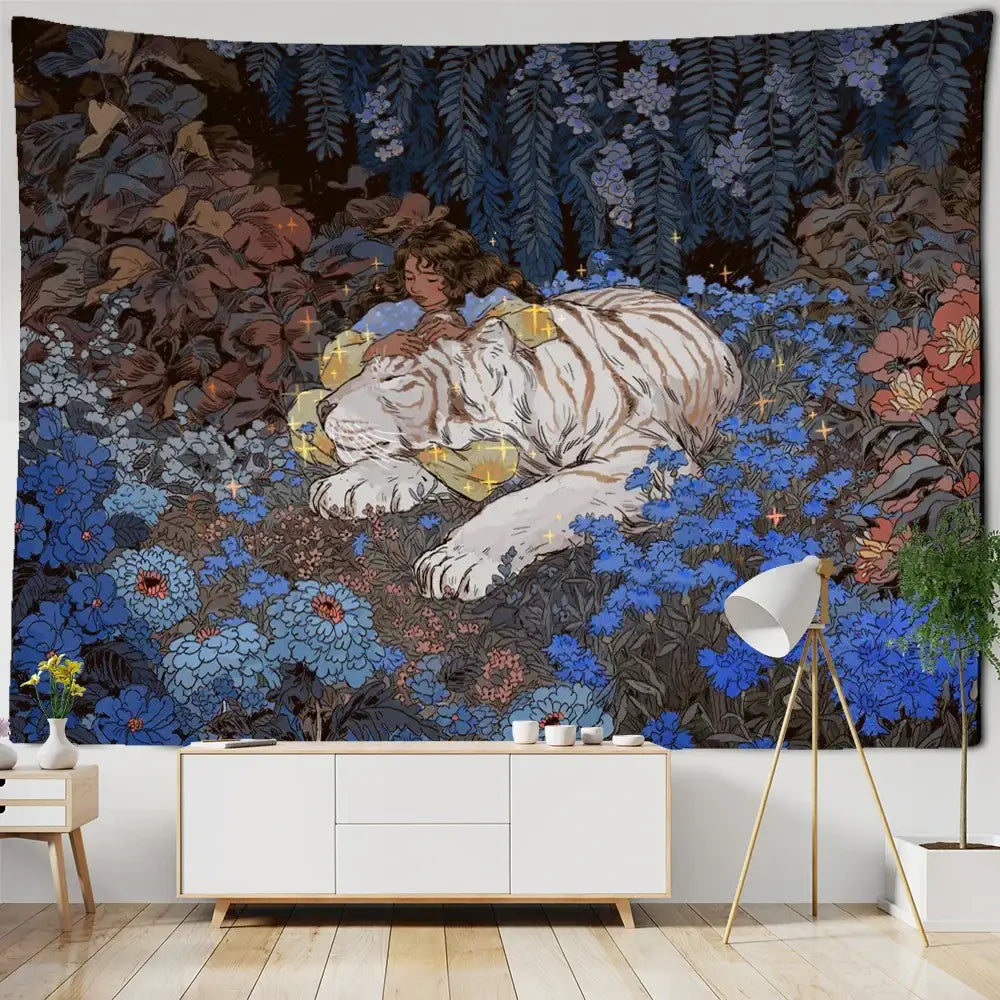 Enchanted forest tapestry blue bear and woman art bedroom decor