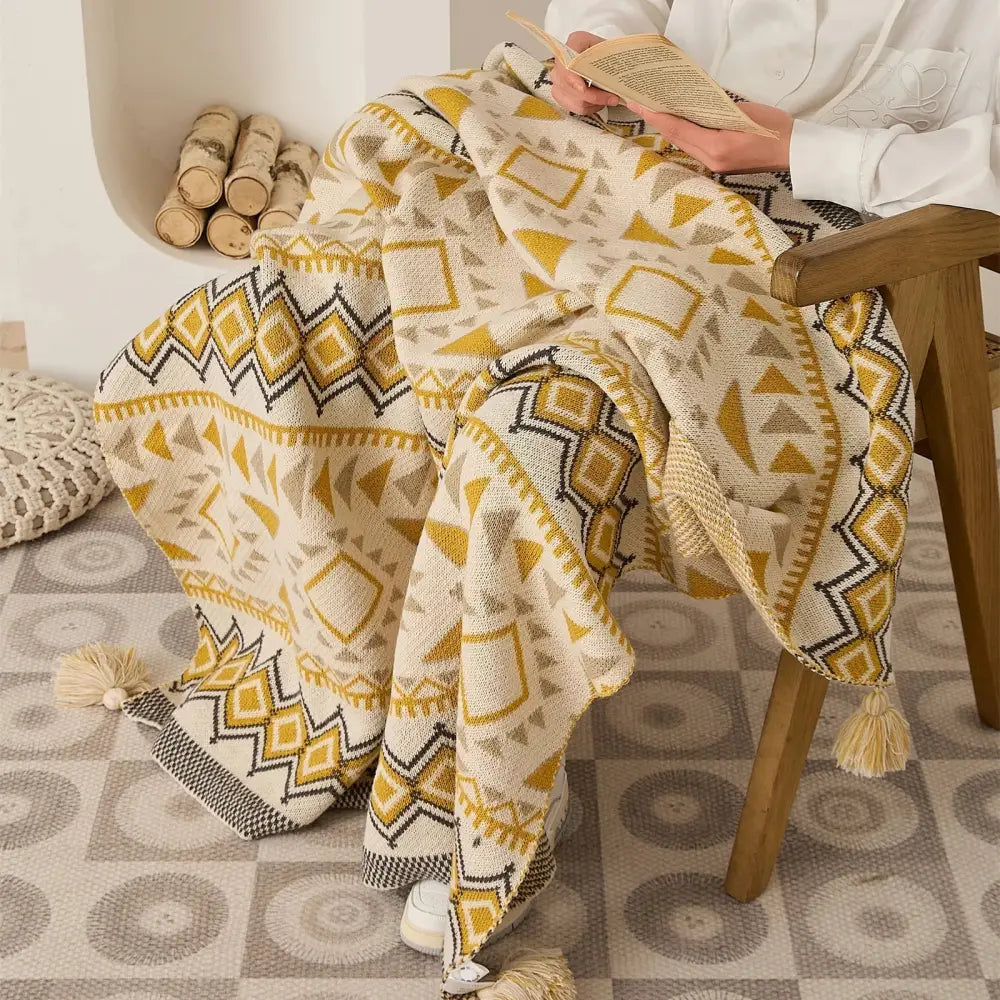 Ethnic bohemian blanket cream & mustard knit throw living room decor
