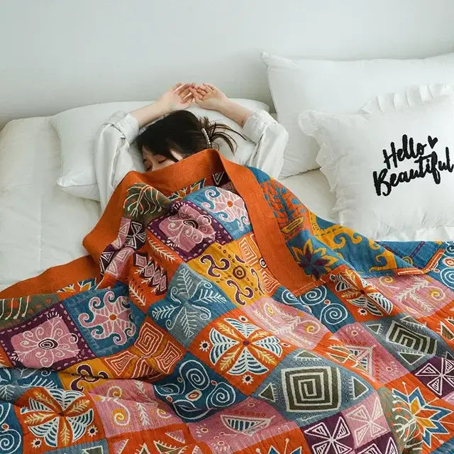 Ethnic cotton blanket mustard & navy paisley quilt bedroom throw