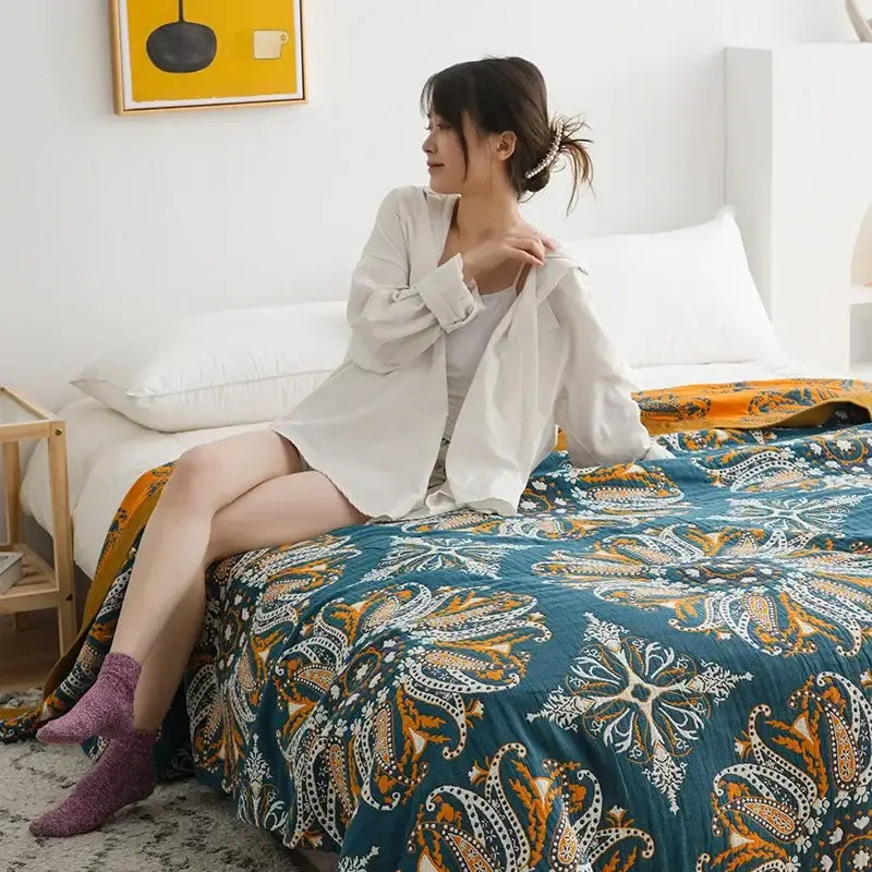 Ethnic cotton blanket mustard & navy paisley quilt bedroom throw