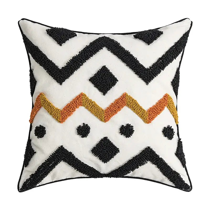 Ethnic style black & orange geometric cushion cover living room tassel