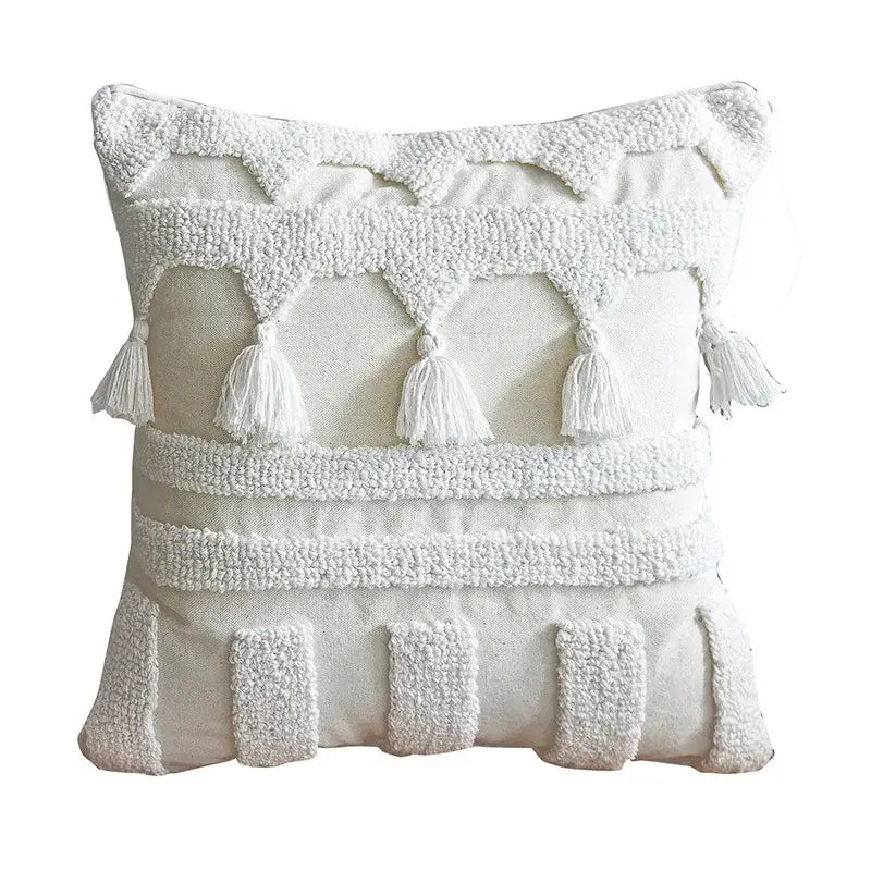 Ethnic tufted cushion case cream and white living room pillow cover