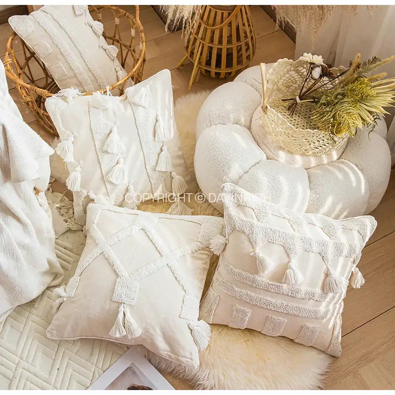 Ethnic tufted cushion case cream and white living room pillow cover