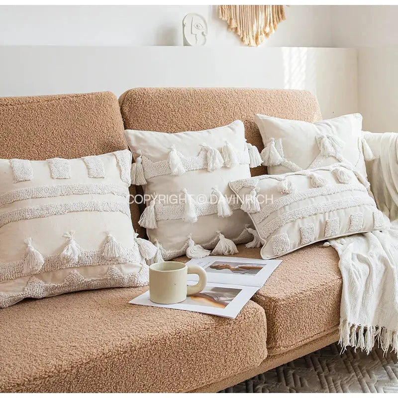 Ethnic tufted cushion case cream and white living room pillow cover