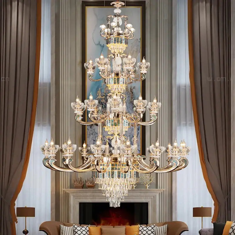 European gold and teal crystal dining room chandelier