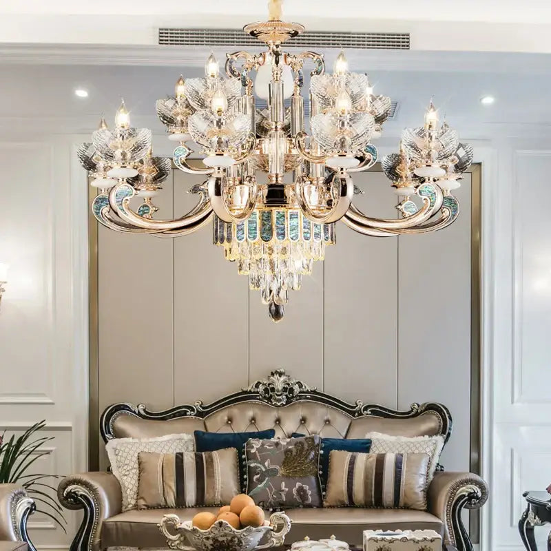 European gold and teal crystal dining room chandelier