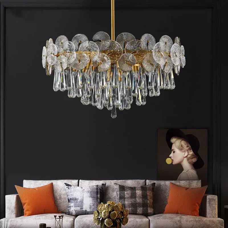 Exquisite golden fan crystal chandelier for living room spaces