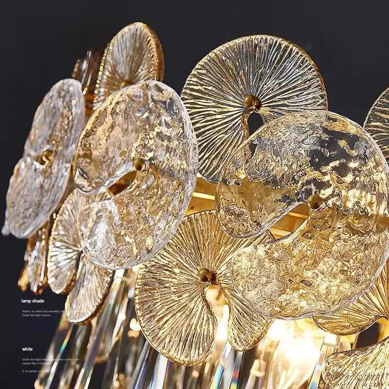 Exquisite golden fan crystal chandelier for living room spaces