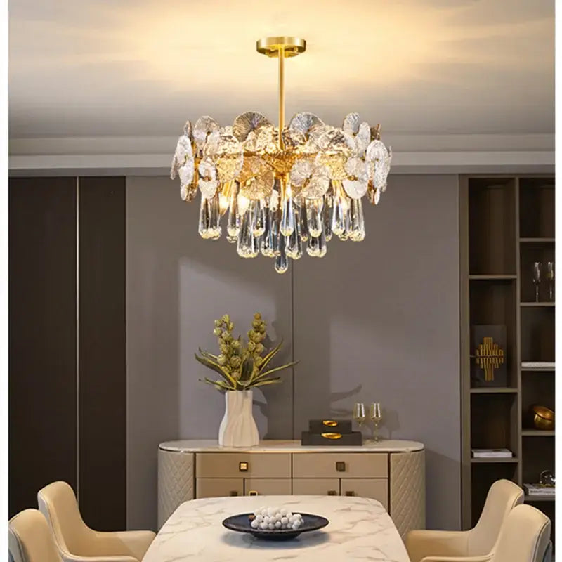 Exquisite golden fan crystal chandelier for living room spaces