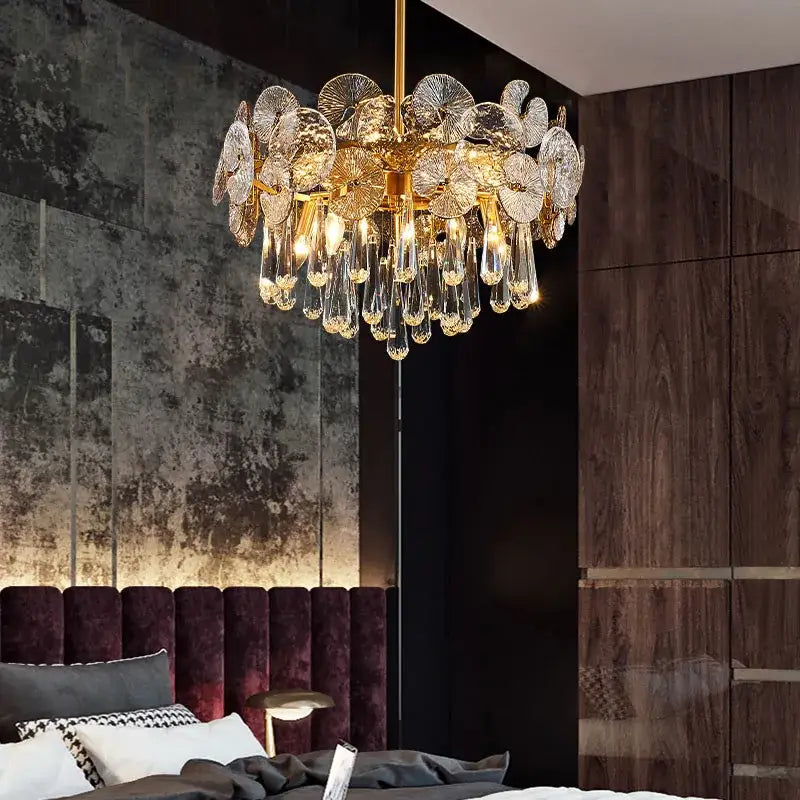 Exquisite golden fan crystal chandelier for living room spaces