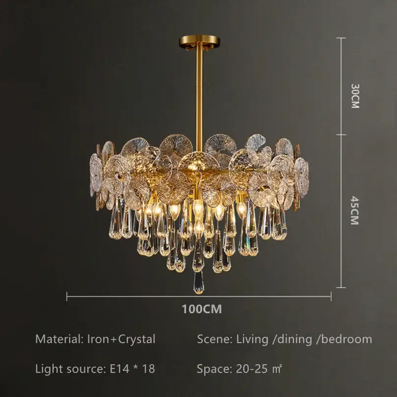 Exquisite golden fan crystal chandelier for living room spaces
