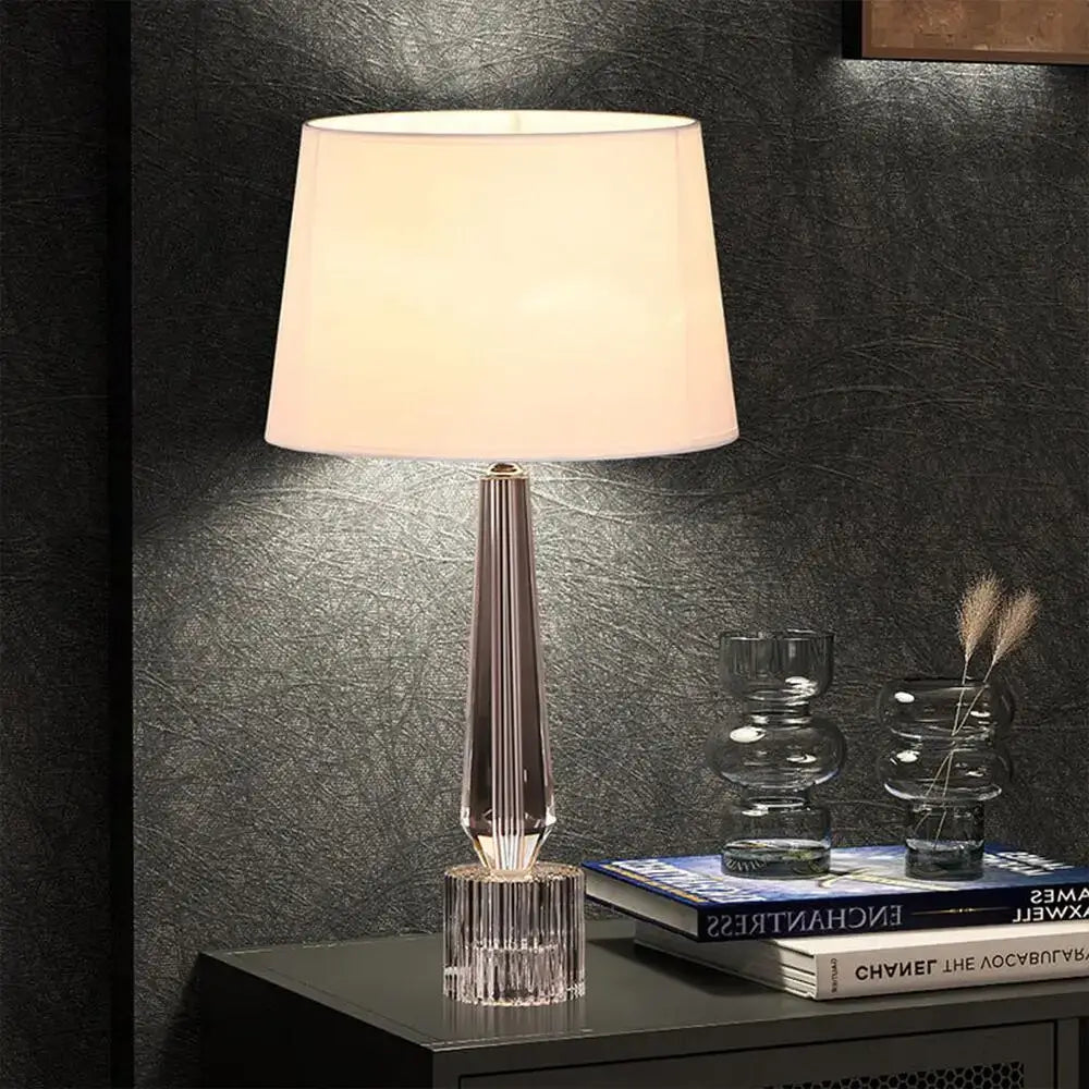 Faceted crystal table lamp with fabric shade – bedroom light fixture
