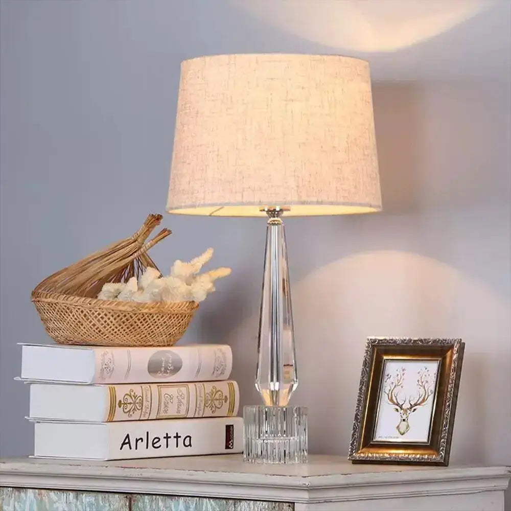 Faceted crystal table lamp with fabric shade – bedroom light fixture