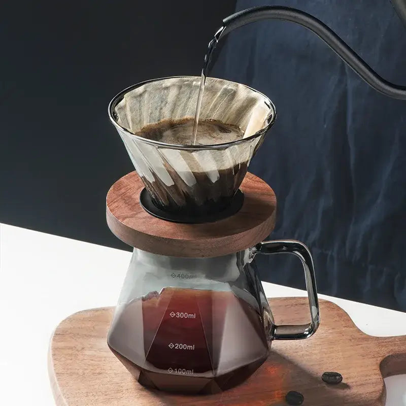 Faceted dark tinted diamond glass coffee carafe with filter cup kitchen