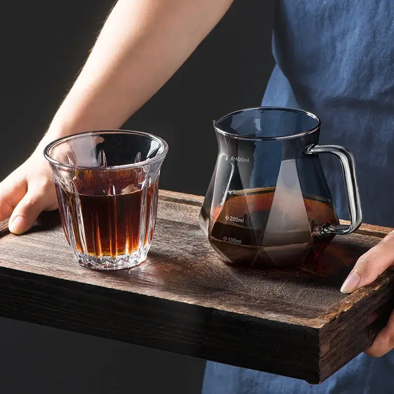 Faceted dark tinted diamond glass coffee carafe with filter cup kitchen