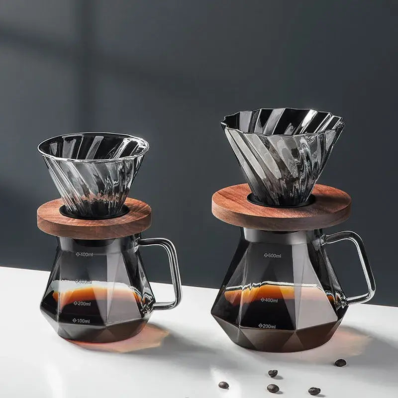 Faceted dark tinted diamond glass coffee carafe with filter cup kitchen