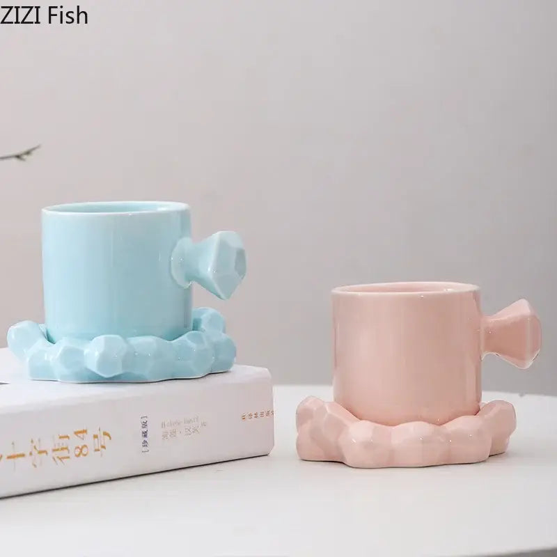 Faceted light blue porcelain coffee mug set kitchen ceramic decor
